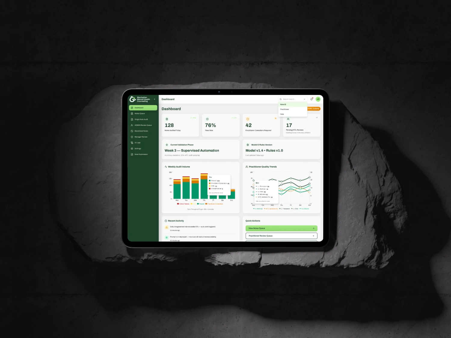 MMHC platform dashboard showing audit volume, pass rate and practitioner quality trends