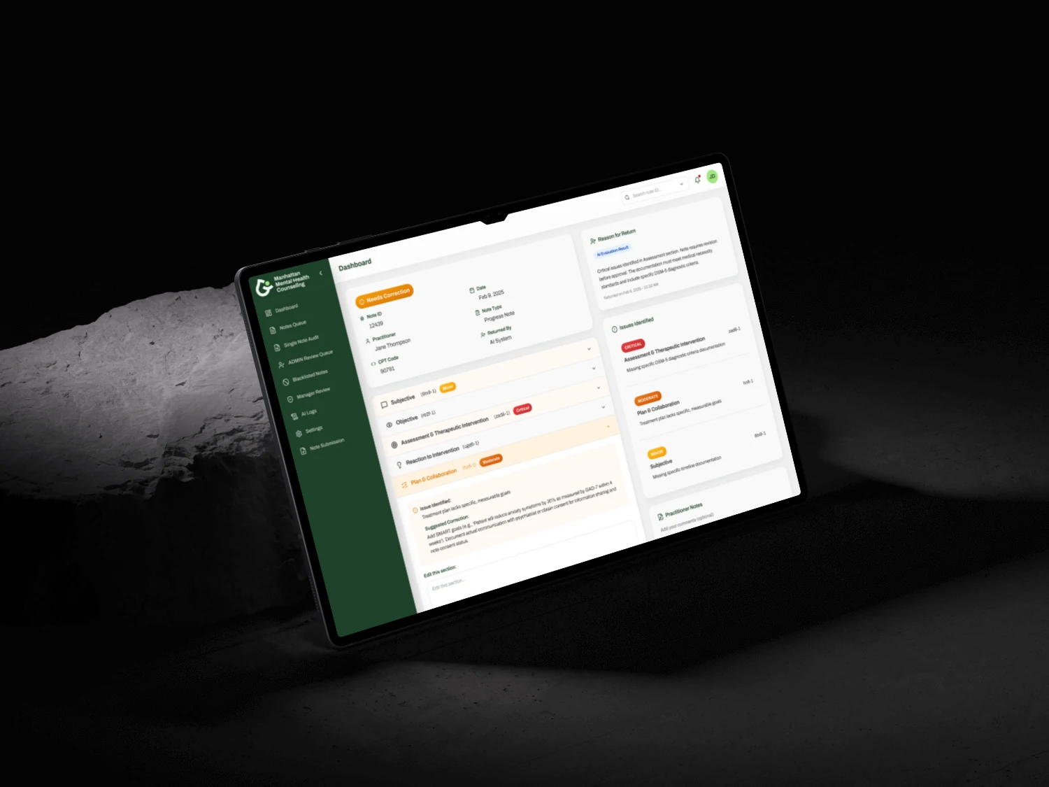 Review queue with status pills, prioritization and assignment workflows