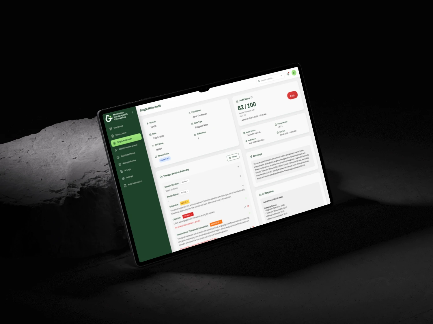Single note audit workspace with an 82 of 100 quality score, issue detection and reviewer feedback