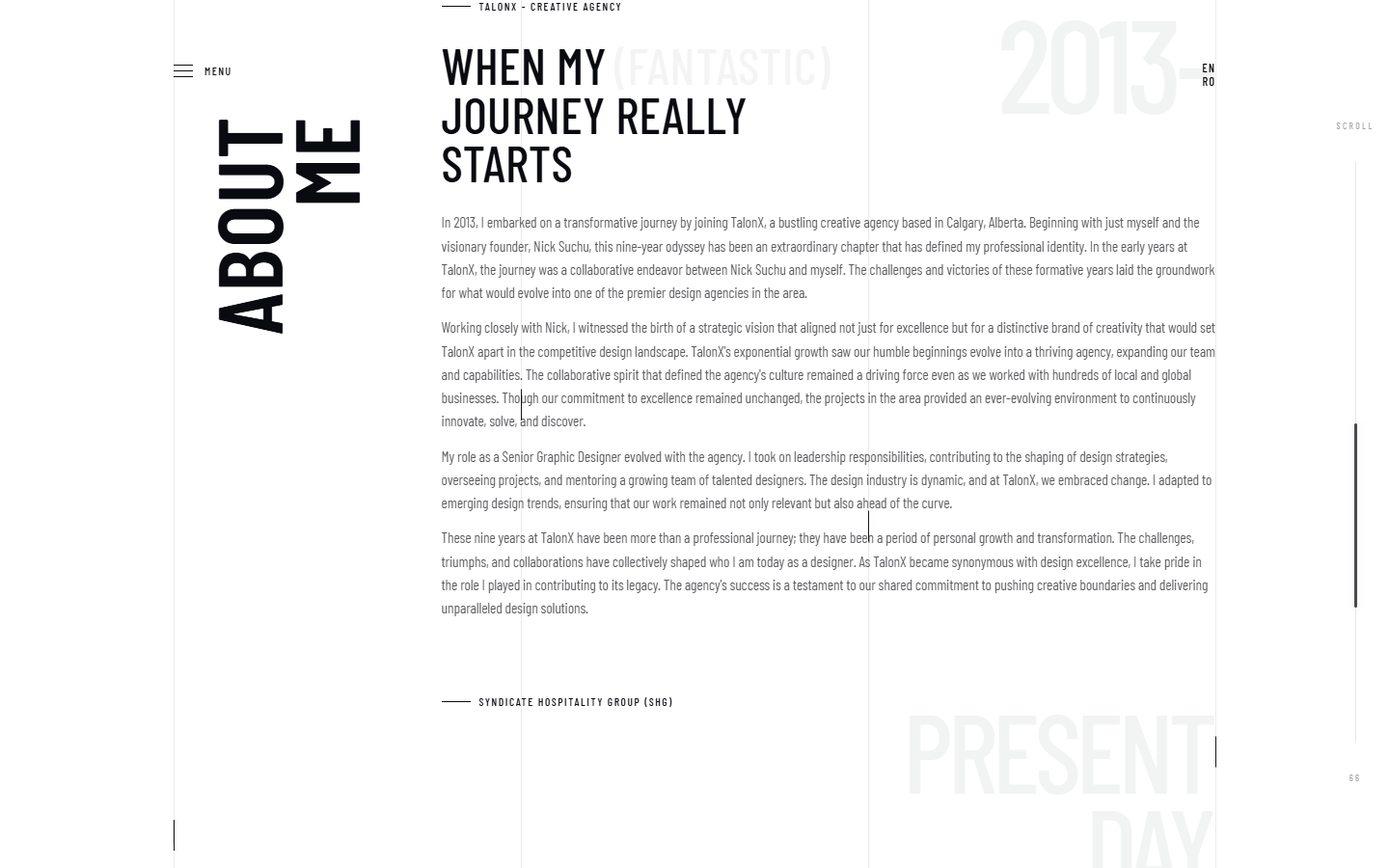 About page editorial layout focused on the chapter marker and title