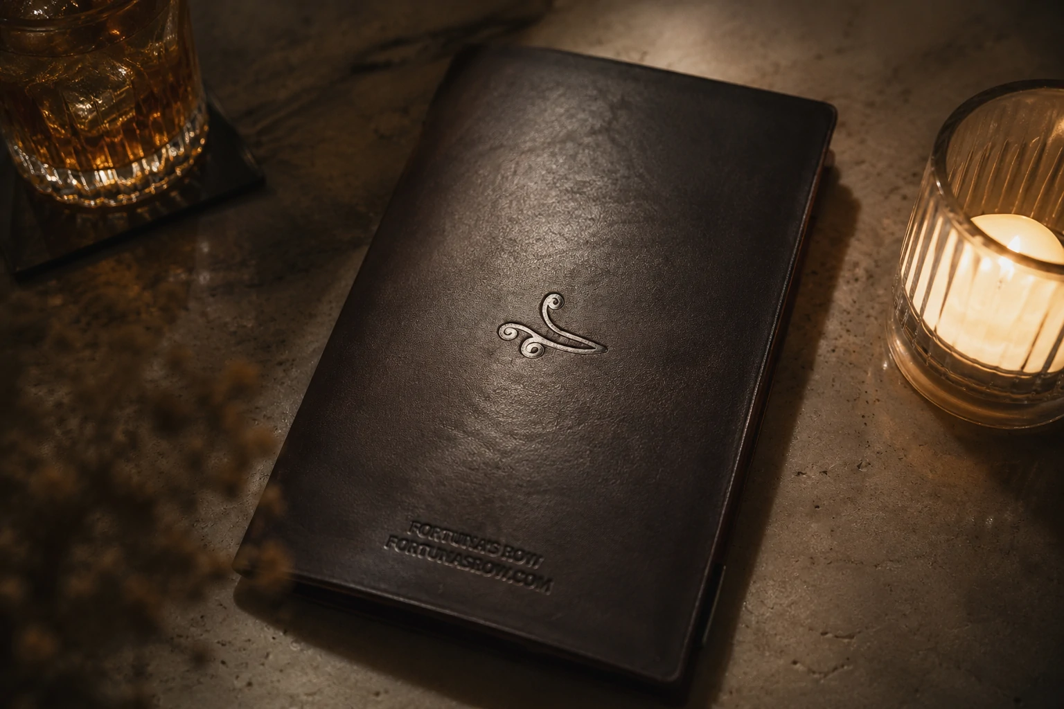 Fortuna's Row leather menu and monogram detail