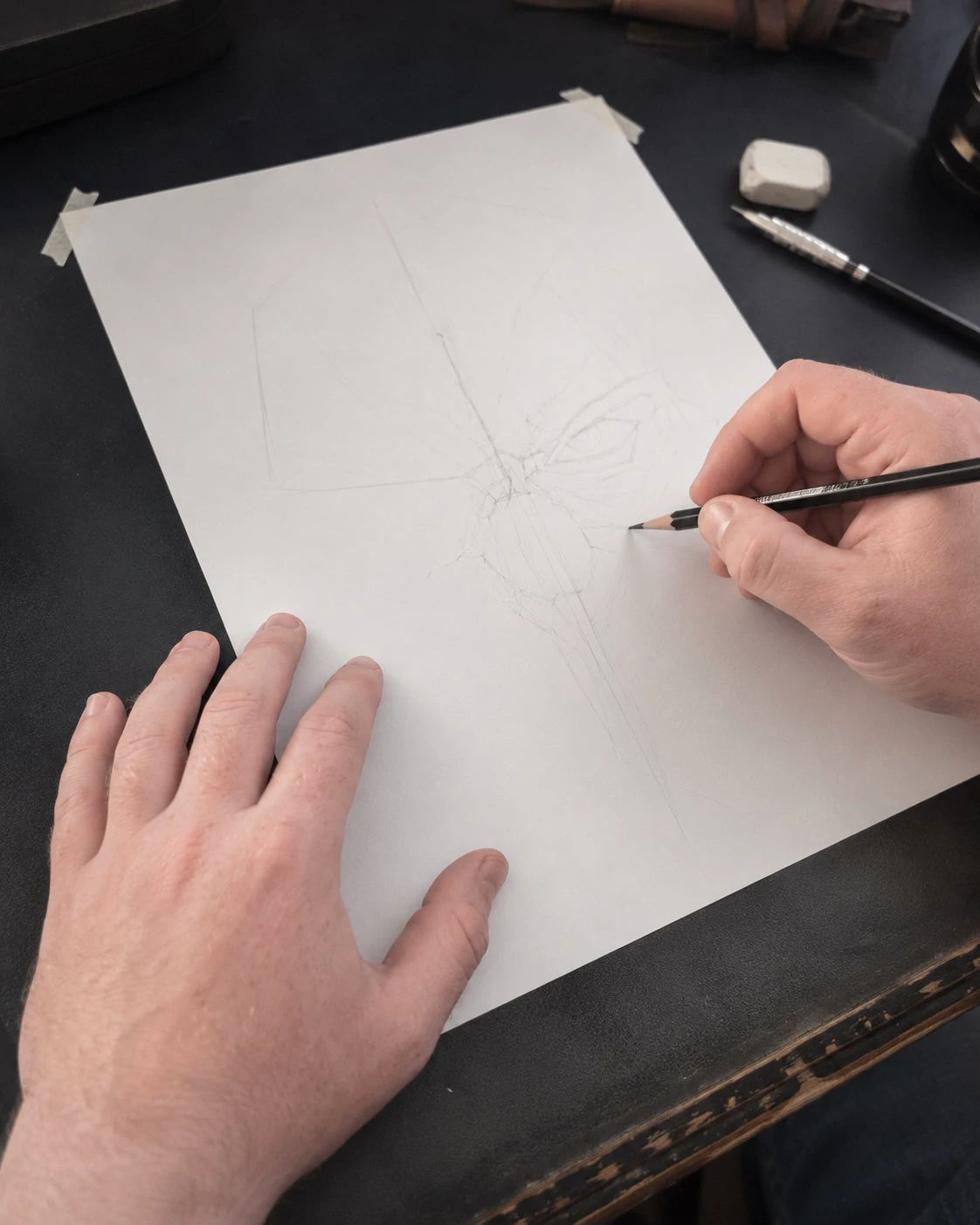 Initial skull drawing construction lines on paper