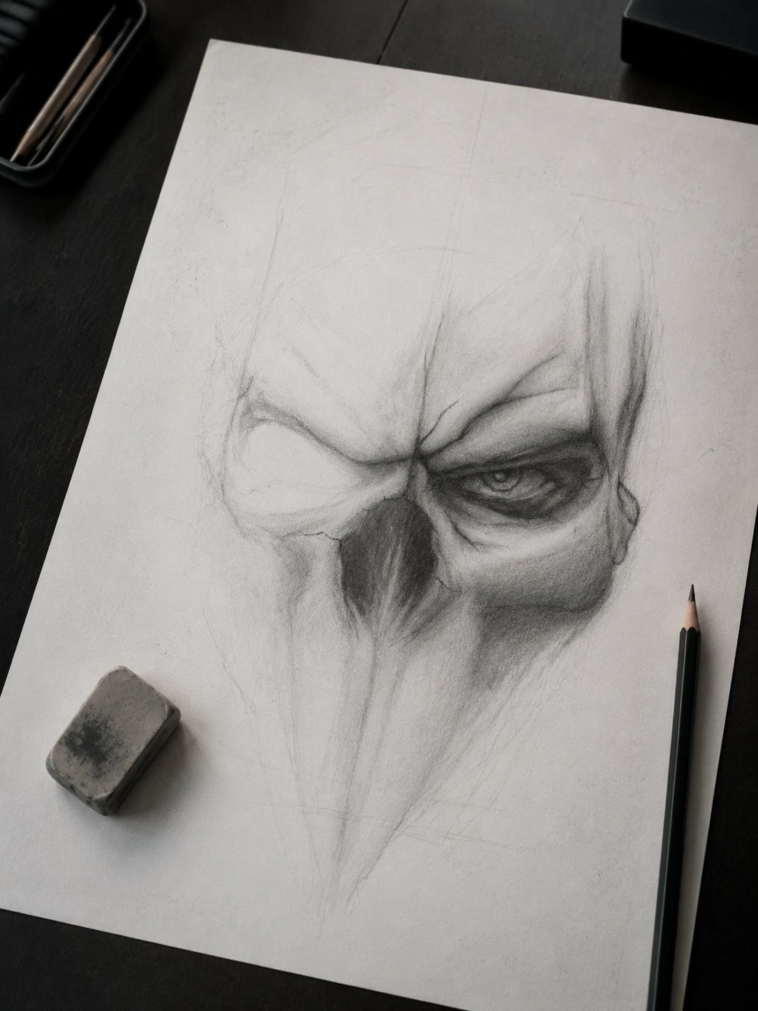 Skull drawing with graphite shading around the eyes and nose