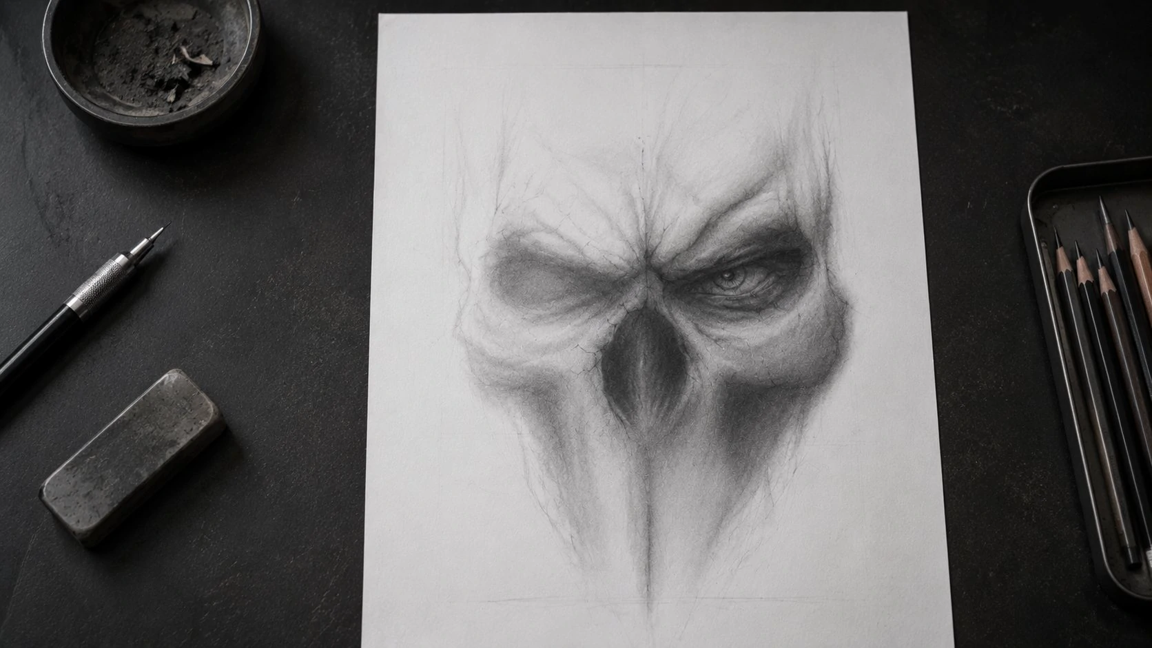 Skull drawing with expanding structure and darkening values