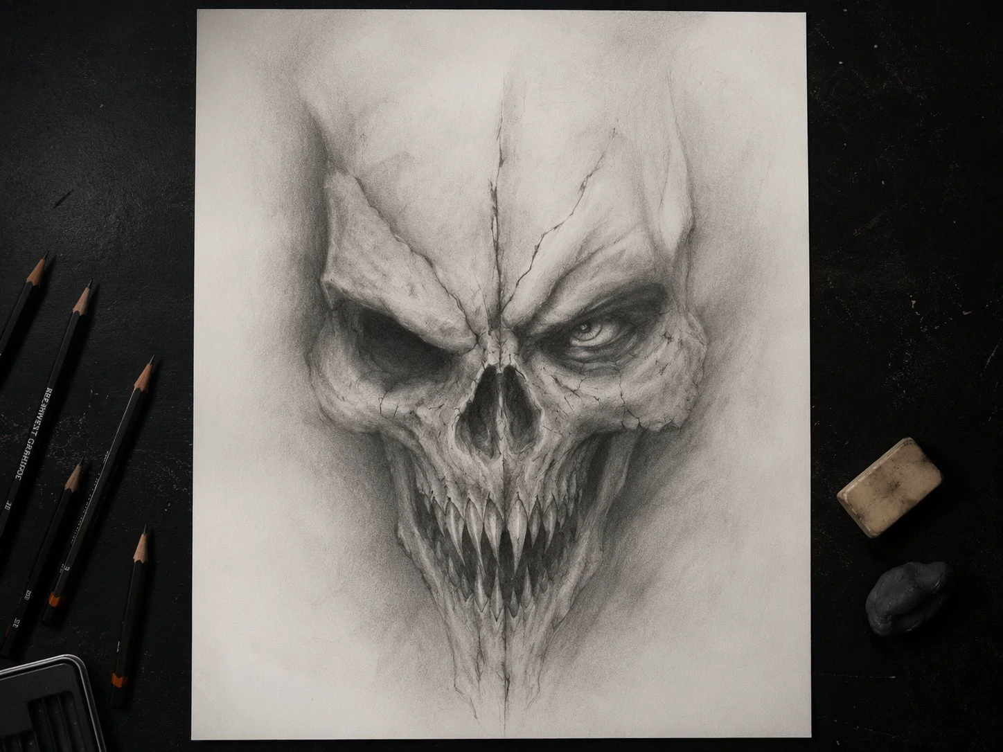Skull drawing with sharper teeth and fuller graphite detail