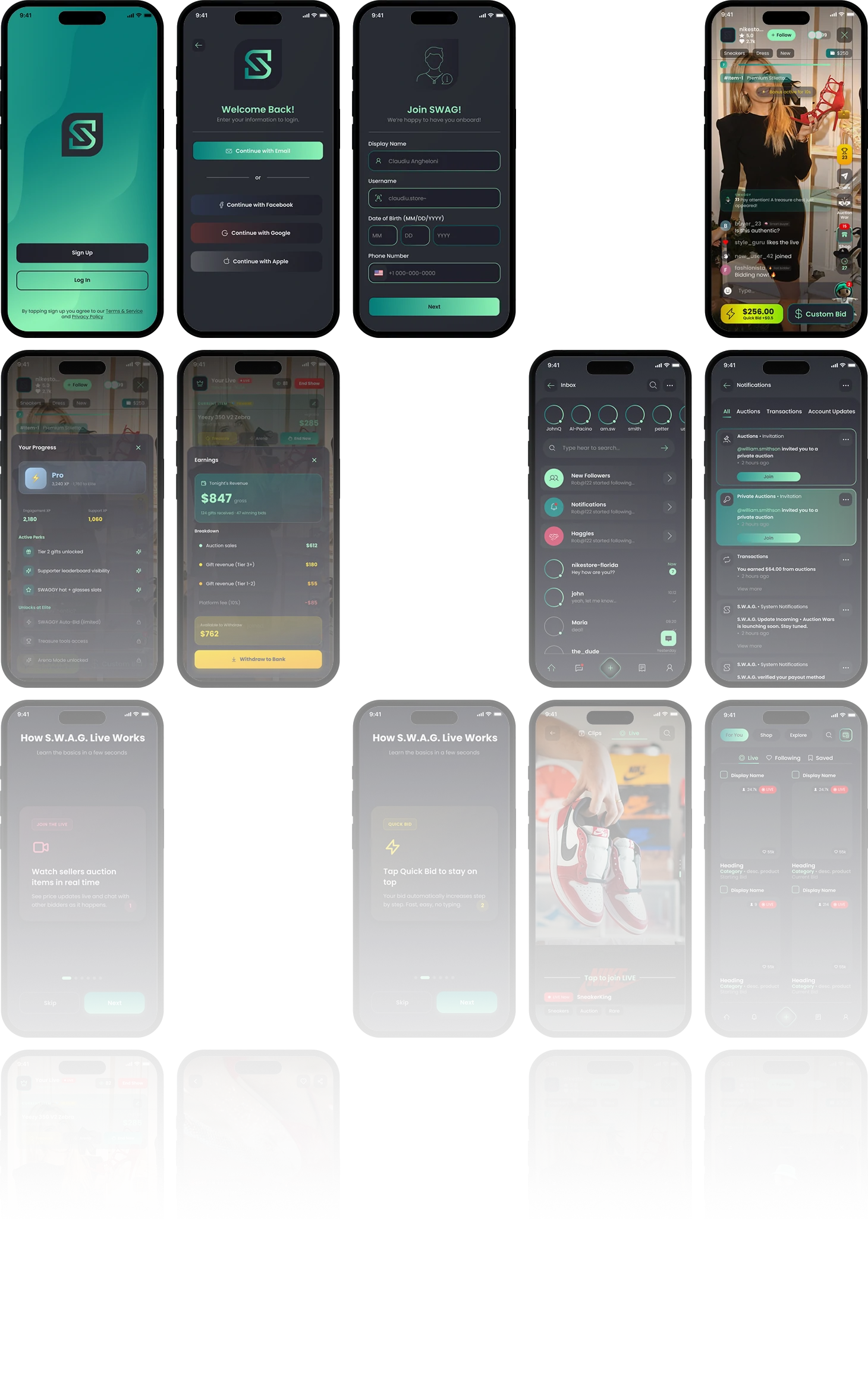 S.W.A.G. mobile application screen system